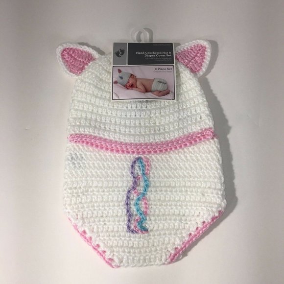 Hand Crocheted Hat And Diaper Cover Unicorn Sz 0-9 Months Infant Baby Photo New - Picture 7 of 12